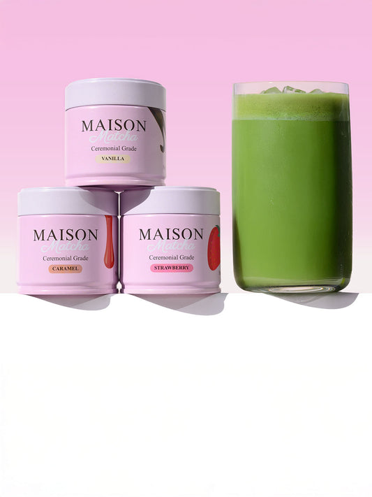 Maison Matcha the flavour trio flavoured matcha powder strawberry, vanilla and caramel