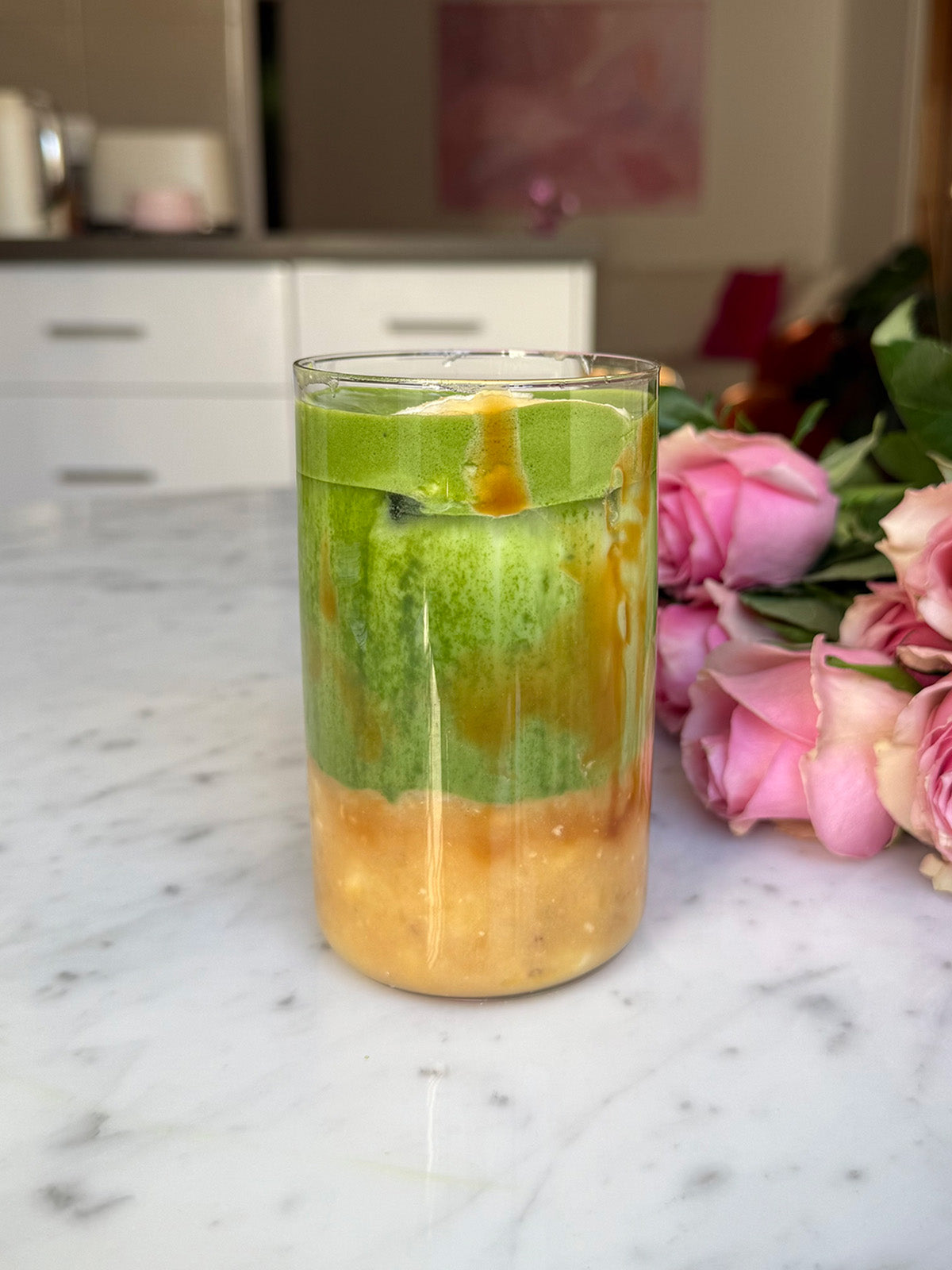Banana caramel iced matcha recipe using maison matcha caramel powder