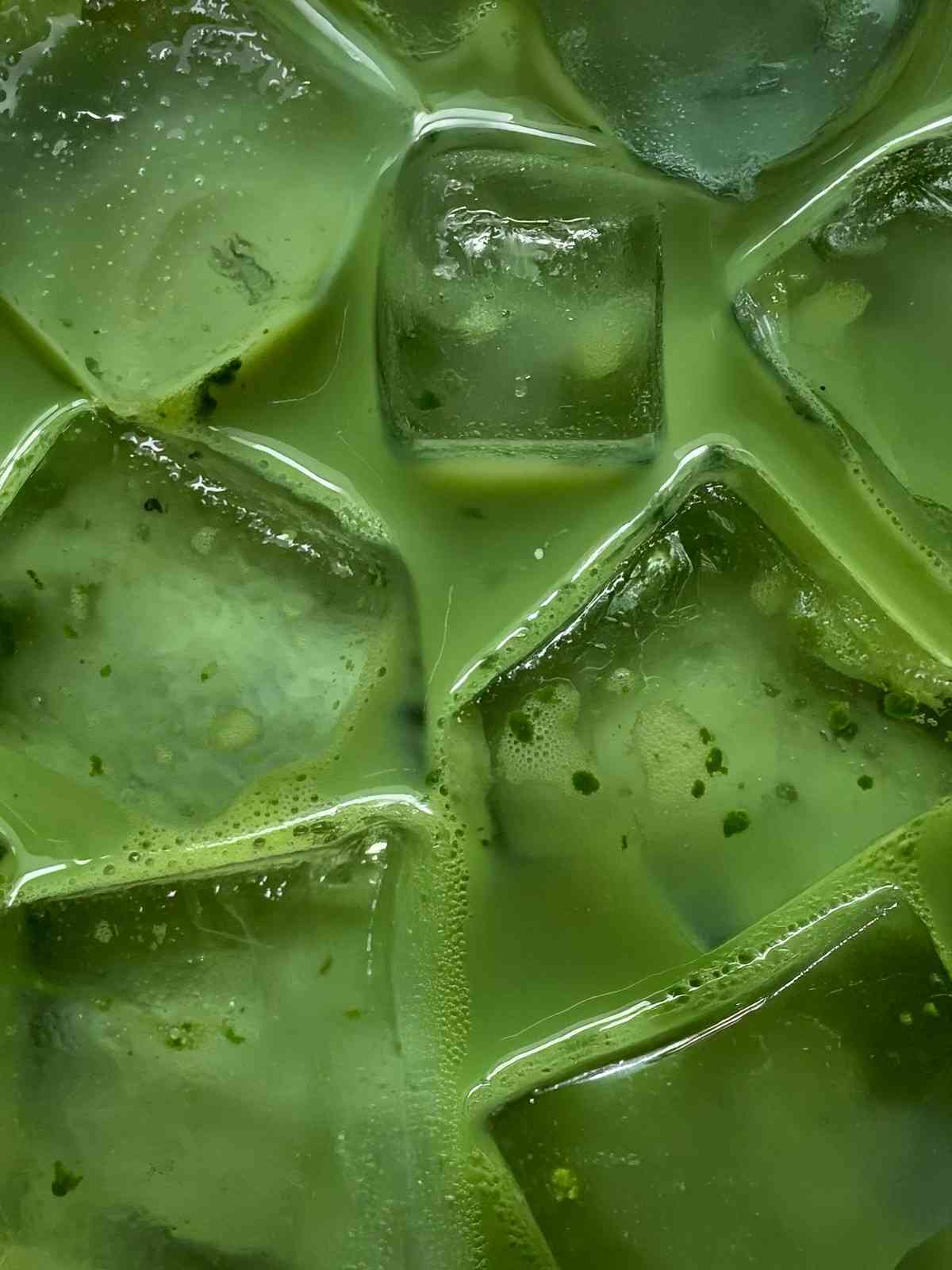 Detailed view of ceremonial matcha latte over ice cubes