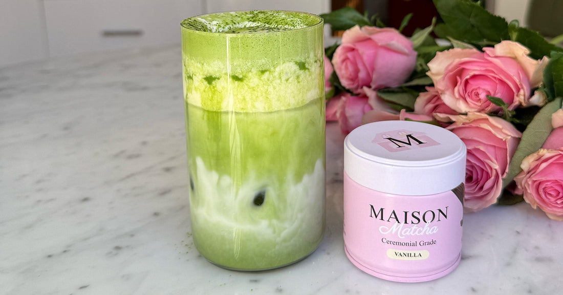 Sea salt vanilla cream matcha latte next to a can of Maison Matcha Vanilla