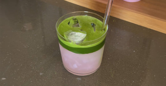 Lychee coconut mogu mogu matcha revealing drink layers