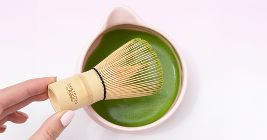 Maison Matcha bamboo whisk in green matcha mixture bowl, best matcha whisk in australia
