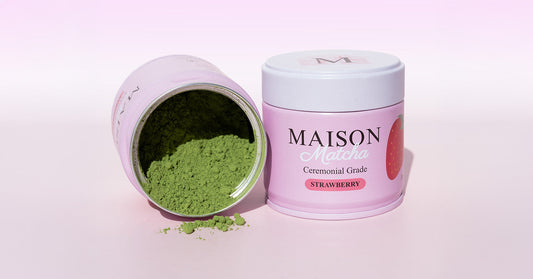 Strawberry matcha powder stored in can vibrant green colour