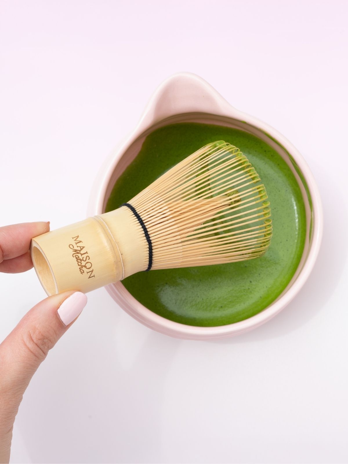 Maison Matcha matcha whisk and matcha mixture in bowl, best bamboo whisk matcha