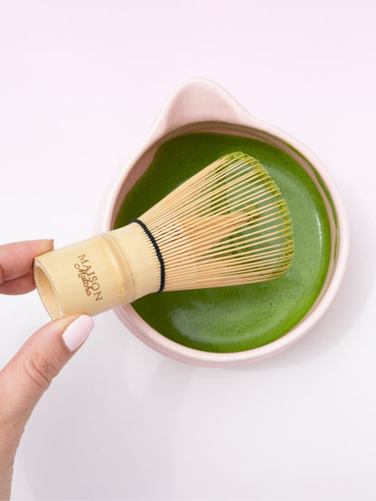 Maison Matcha matcha whisk and matcha mixture in bowl, best bamboo whisk matcha