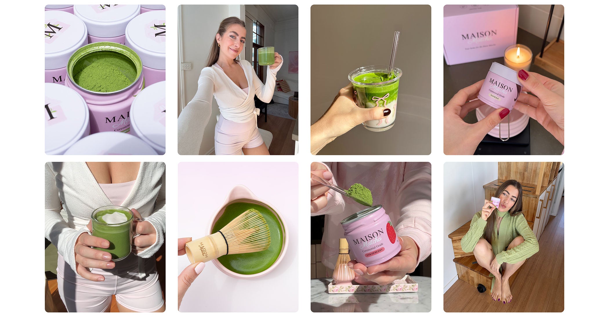 Maison Matcha matcha powder vibrant green, strawberry matcha, vanilla matcha, from uji japan