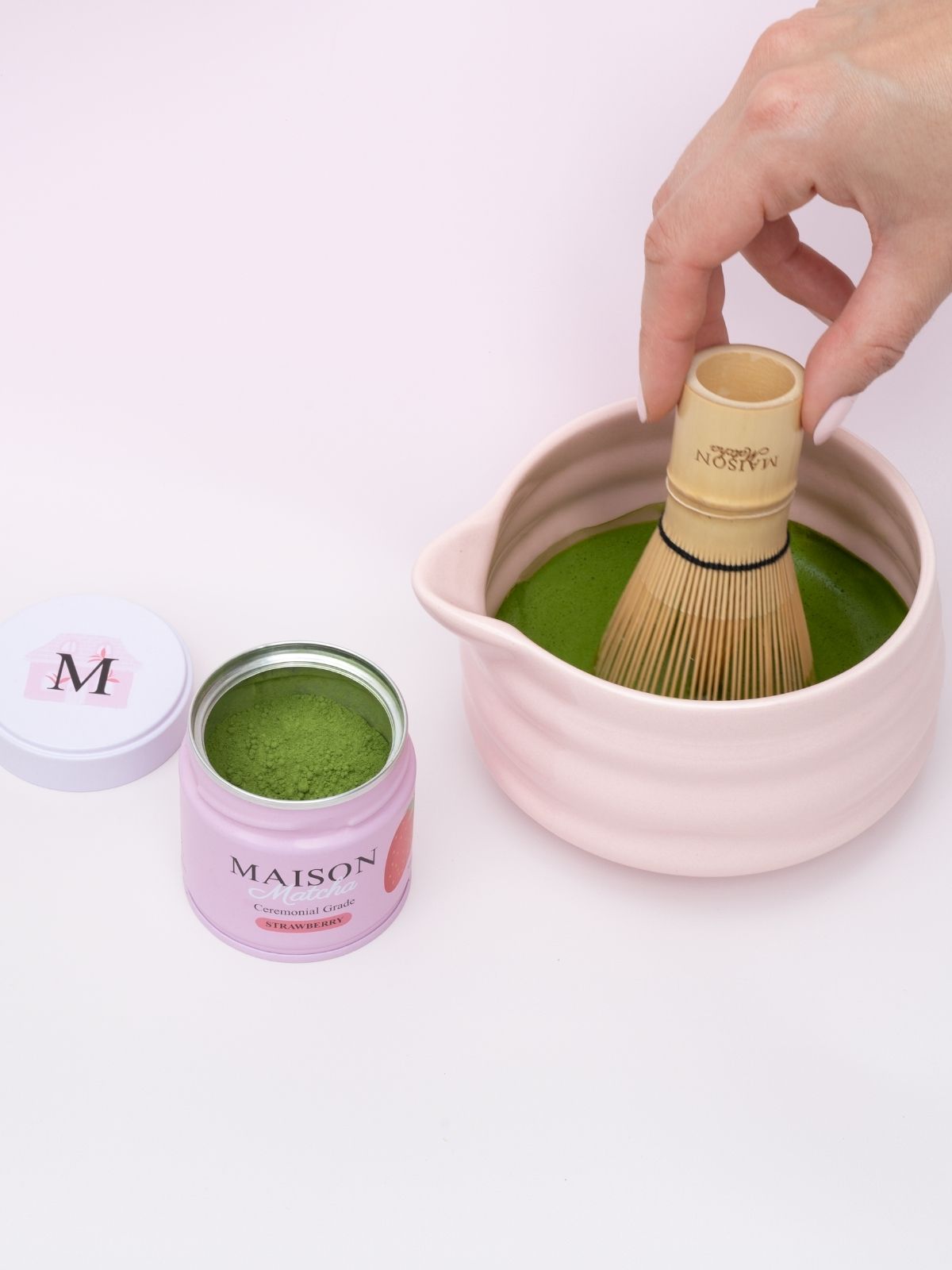 Maison Matcha strawberry can open with matcha whisking in bowl, best matcha powder and whisk australia