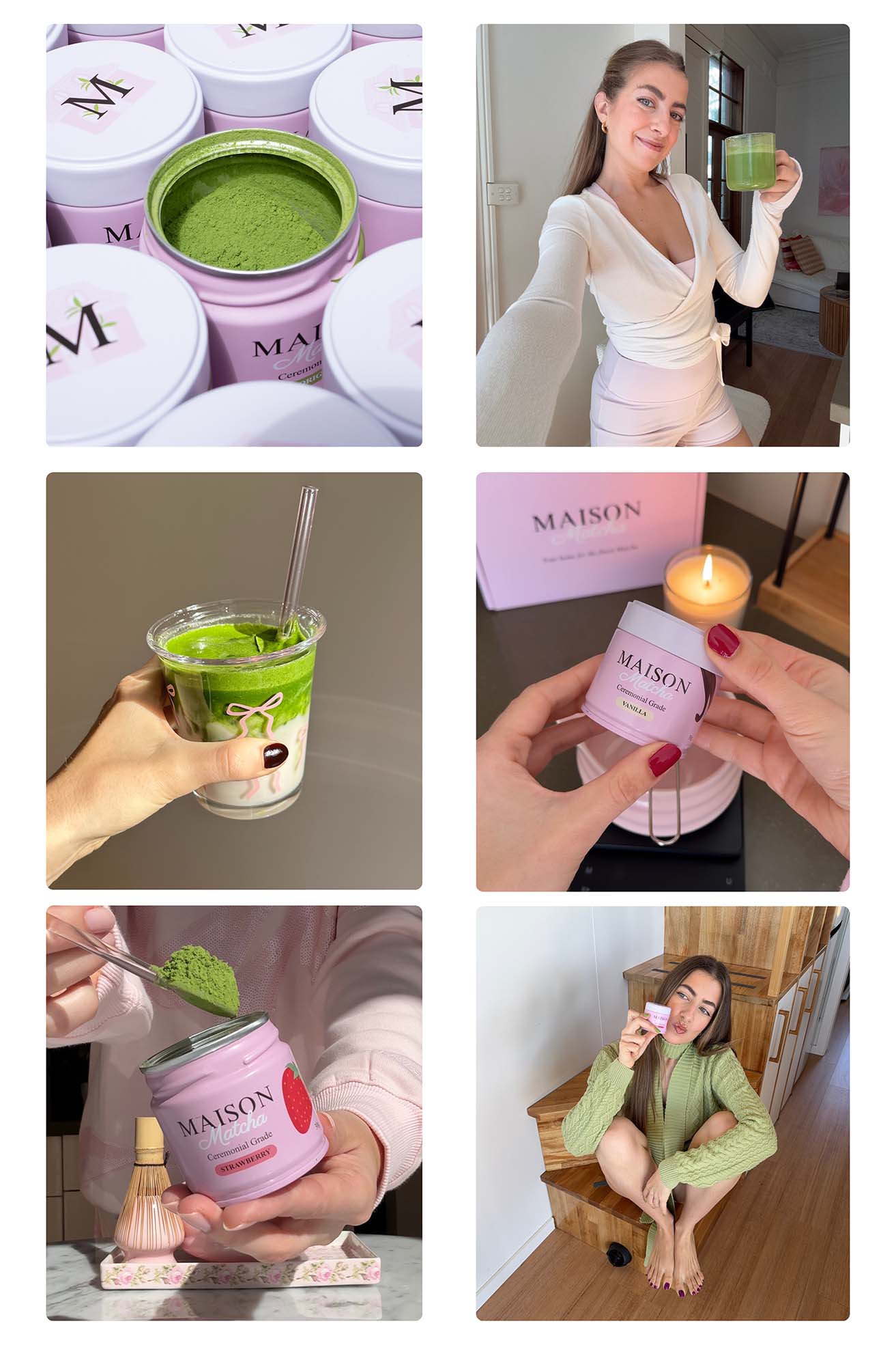 Maison Matcha lifestyle images matcha powder, matcha latte, vibrant green