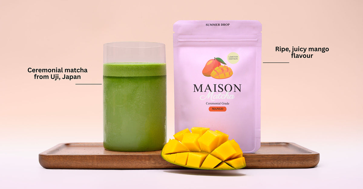 Maison Matcha mango matcha latte and matcha powder vibrant green with fresh juicy ripe mango