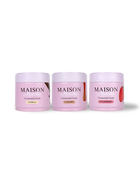Maison Matcha Flavour Trio featuring Strawberry, Vanilla and Caramel matcha 30g cans
