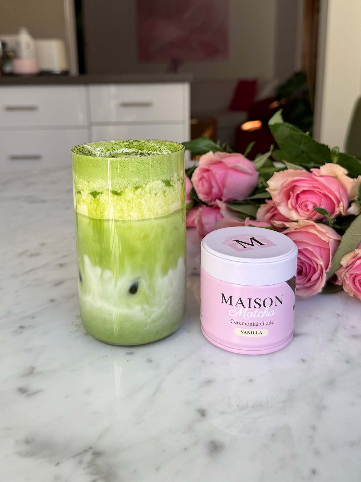 Iced matcha vanilla cream recipe next to maison matcha vanilla can