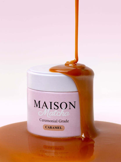 Ceremonial Caramel Matcha can drizzled with flowing caramel sauce