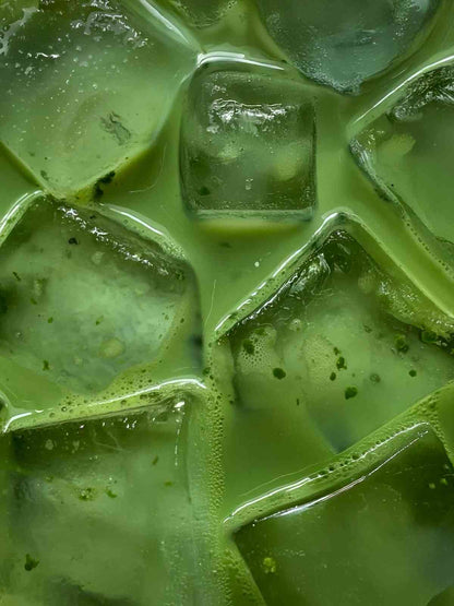 Detailed view of ceremonial matcha latte over ice cubes