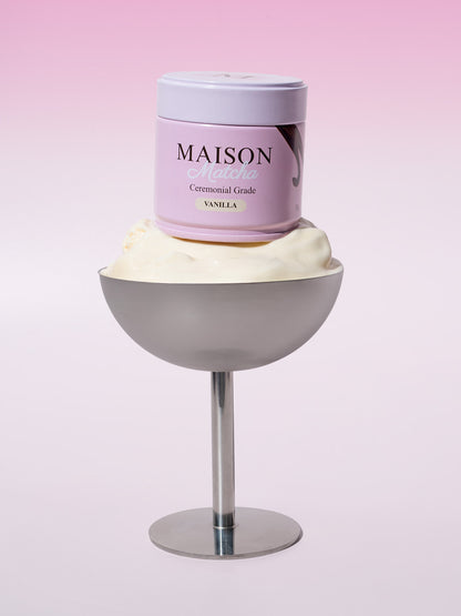 Ceremonial Vanilla Matcha can displayed on silver cup filled with vanilla ice cream