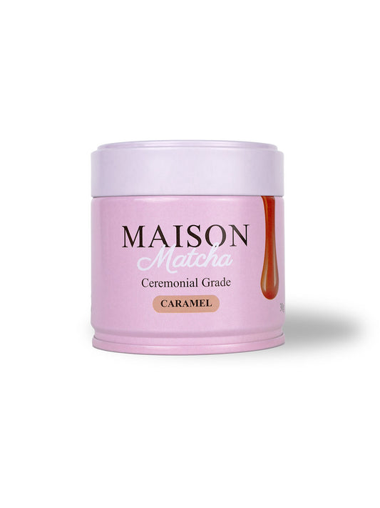 Maison Matcha Ceremonial Caramel Matcha powder 30g can on white background