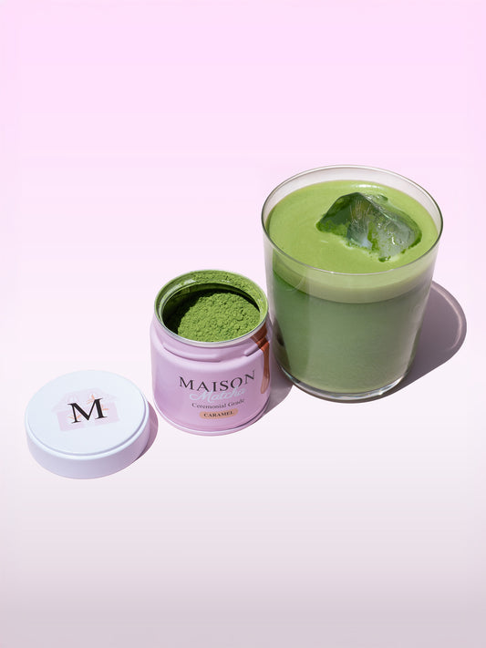 Maison Matcha Caramel matcha powder can and iced matcha latte