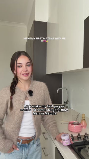 Video of influencer Sophia Livanidis who makes her first matcha latte at home using Maison Matcha Original powder