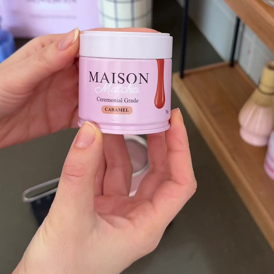 Making a matcha latte using Maison Matcha caramel ceremonia grade matcha