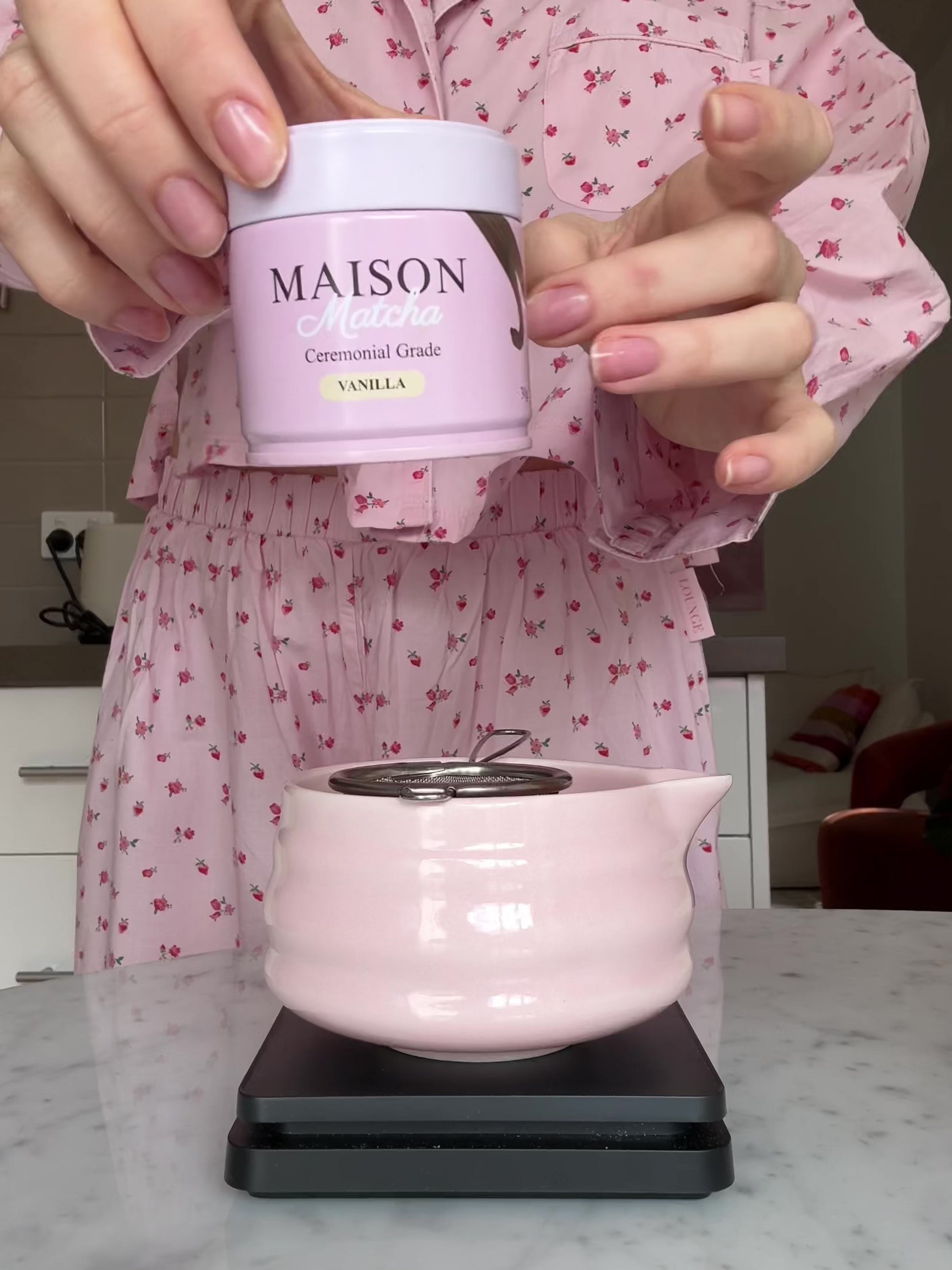 Making a vanilla matcha latte using Maison Matcha Vanilla ceremonial matcha powder