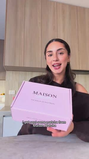 Influencer Nina Matloob is making her first matcha at home using Maison Matcha Caramel Matcha powder and bamboo whisk