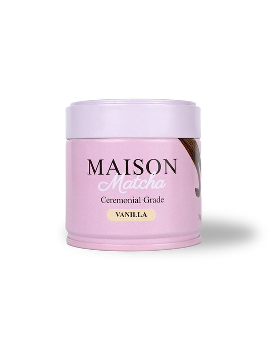 Maison Matcha Ceremonial Vanilla Matcha 30g can on white background